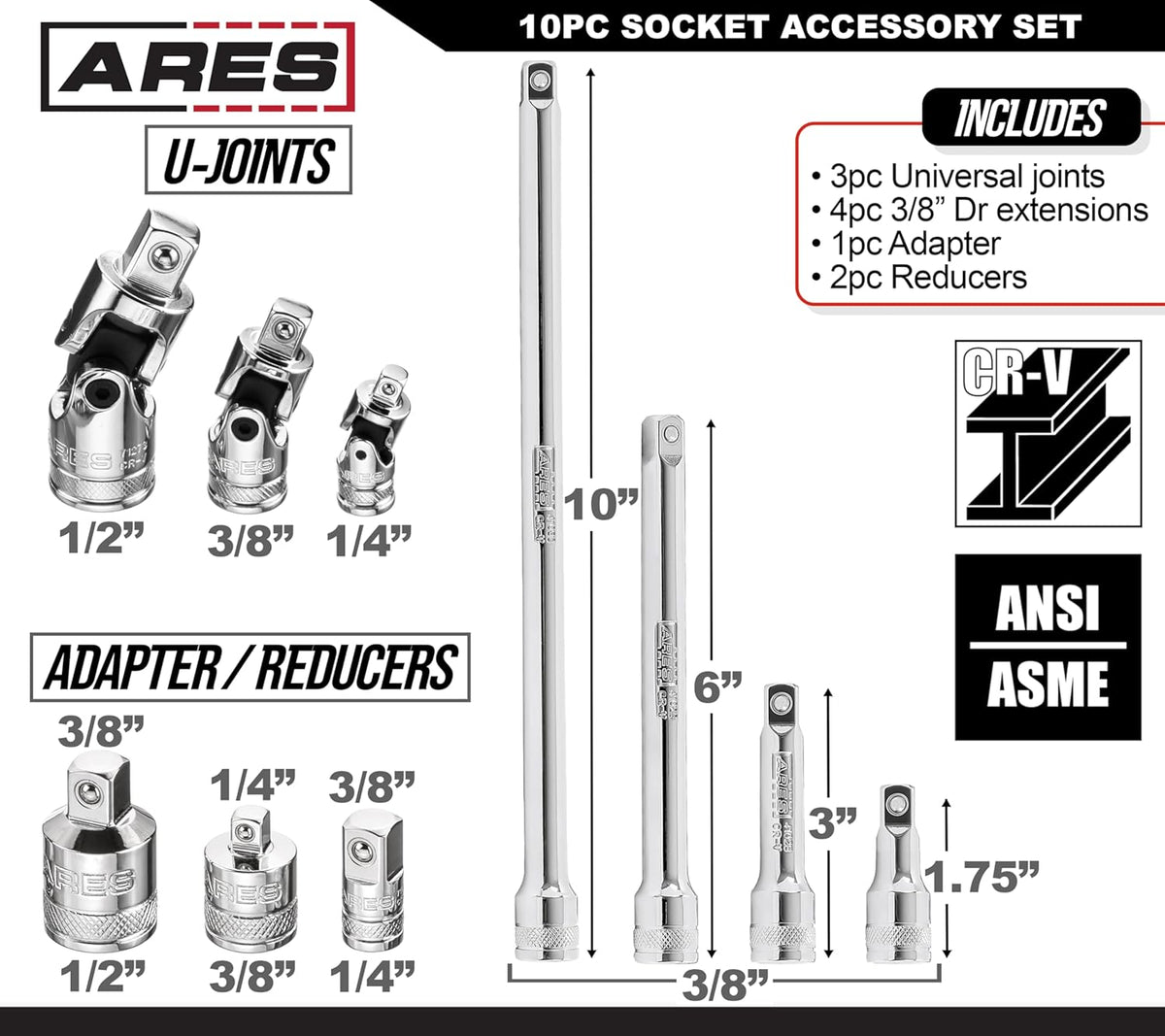 71270 10-Pc Socket Extension Set - Adapters, Extensions & U-Joints