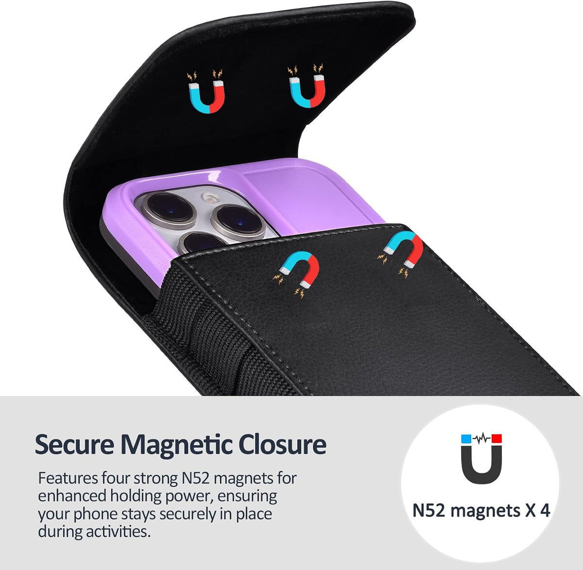 Leather Phone Holster with Strong Metal Belt Clip and Magnetic Closure Compatible with Iphone 16/15/14/13/12 Pro and Non-Pro, Galaxy S25 S24 S23 S22, M-Black