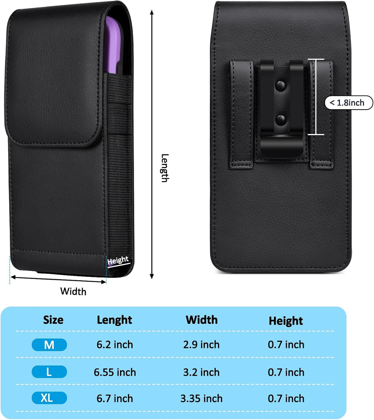 Leather Phone Holster with Strong Metal Belt Clip and Magnetic Closure Compatible with Iphone 16/15/14/13/12 Pro and Non-Pro, Galaxy S25 S24 S23 S22, M-Black