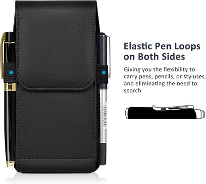 Leather Phone Holster with Strong Metal Belt Clip and Magnetic Closure Compatible with Iphone 16/15/14/13/12 Pro and Non-Pro, Galaxy S25 S24 S23 S22, M-Black