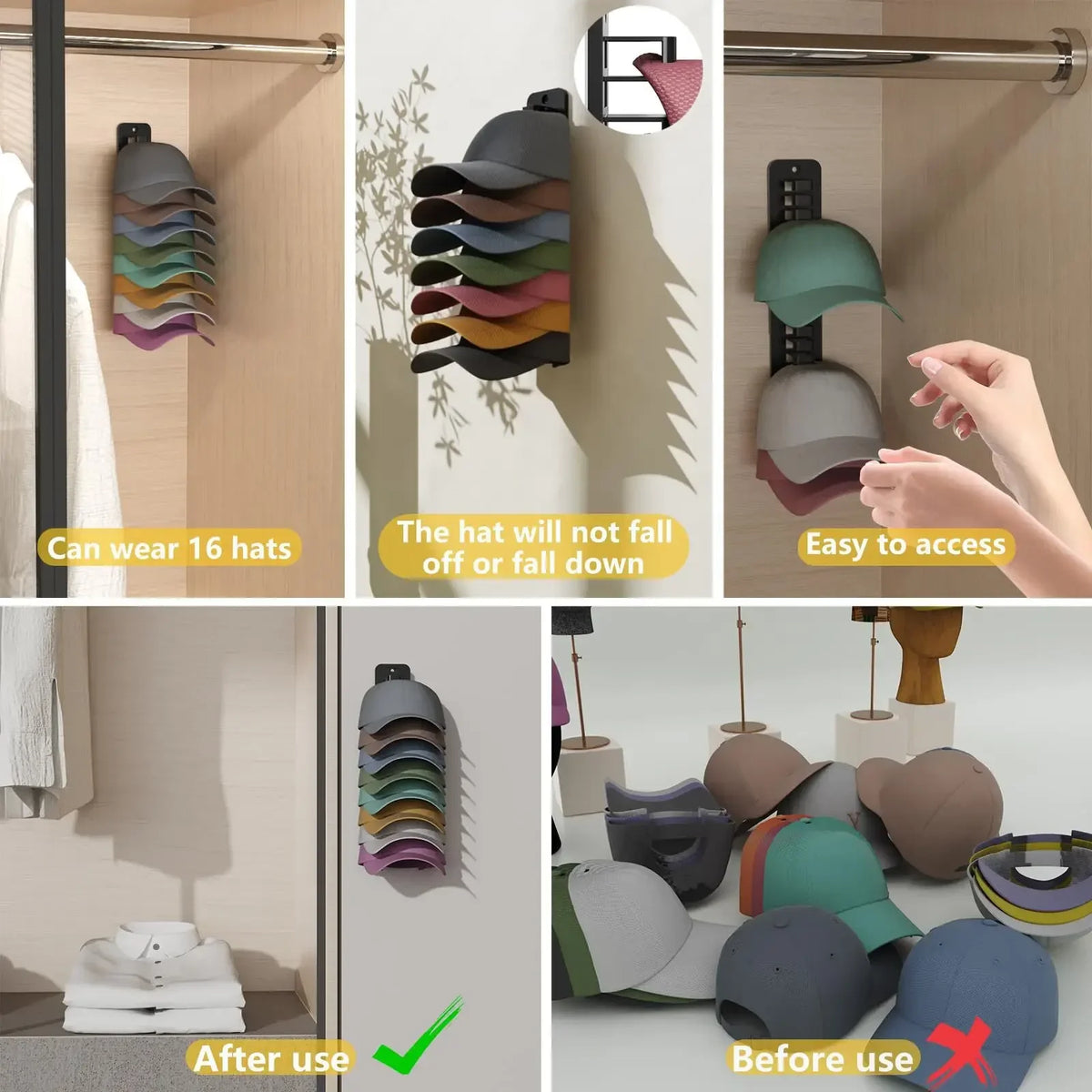 10-Grid Wall Mounted Cap Rack, Space Saving Hat & Towel Holder for Closet Organization, Baseball Cap Hanger