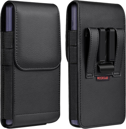 Leather Phone Holster with Strong Metal Belt Clip and Magnetic Closure Compatible with Iphone 16/15/14/13/12 Pro and Non-Pro, Galaxy S25 S24 S23 S22, M-Black